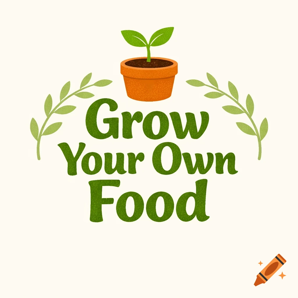 A graphic illustration with a potted seedling, green leafy branches, and the text 'Grow Your Own Food'.