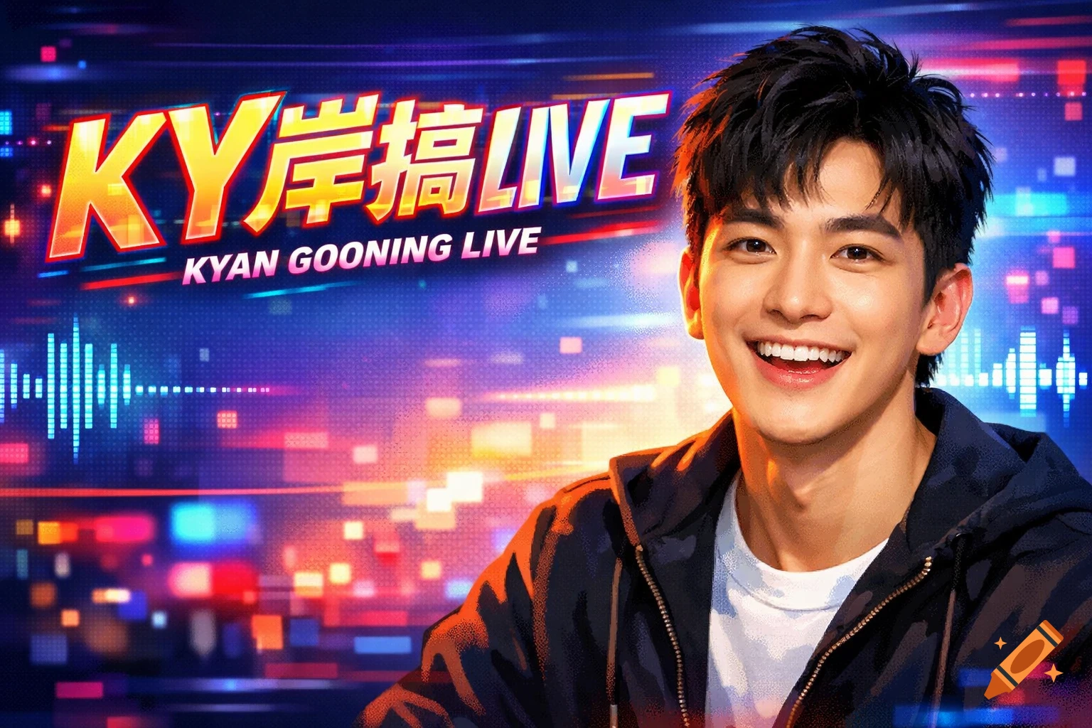 A smiling young man in a dark hoodie with messy hair, against a vibrant neon background with "KYAN GOONING LIVE" text and an audio waveform.