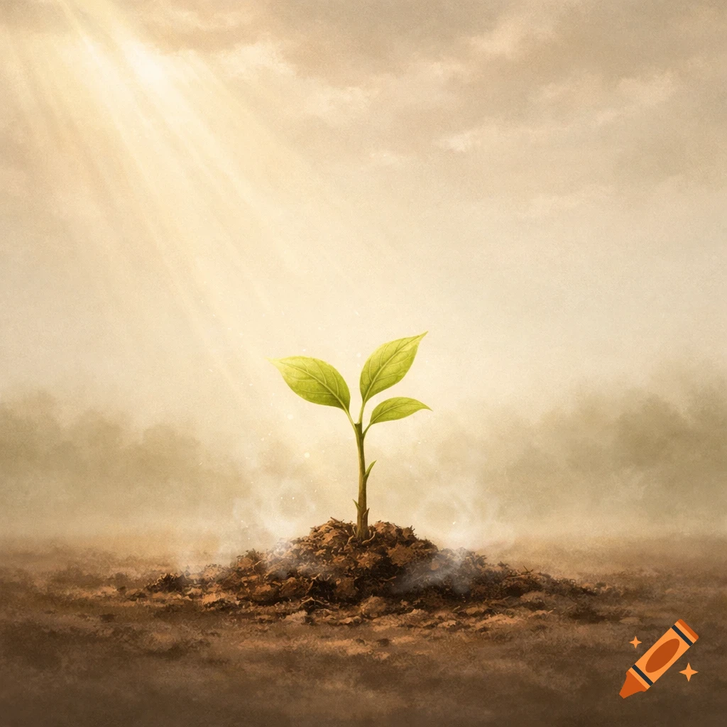 A small green seedling with three leaves sprouts from a mound of rich soil, bathed in warm rays of light from above under a cloudy sky.