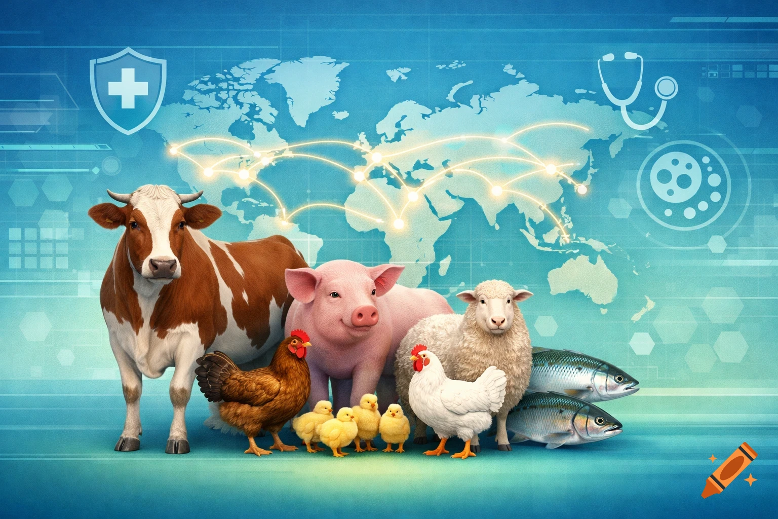 A cow, pig, sheep, chickens, chicks, and fish stand before a global map with veterinary health icons, depicting animal health and global trade.