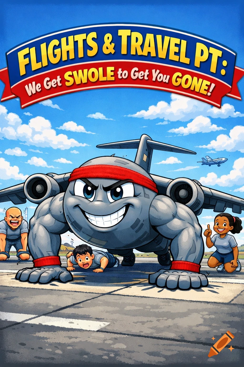 A goofy, muscular cartoon airplane does push-ups on an airport tarmac, with people attempting to imitate it. A banner reads 'FLIGHTS & TRAVEL PT: We Get SWOLE to Get You GONE!'.