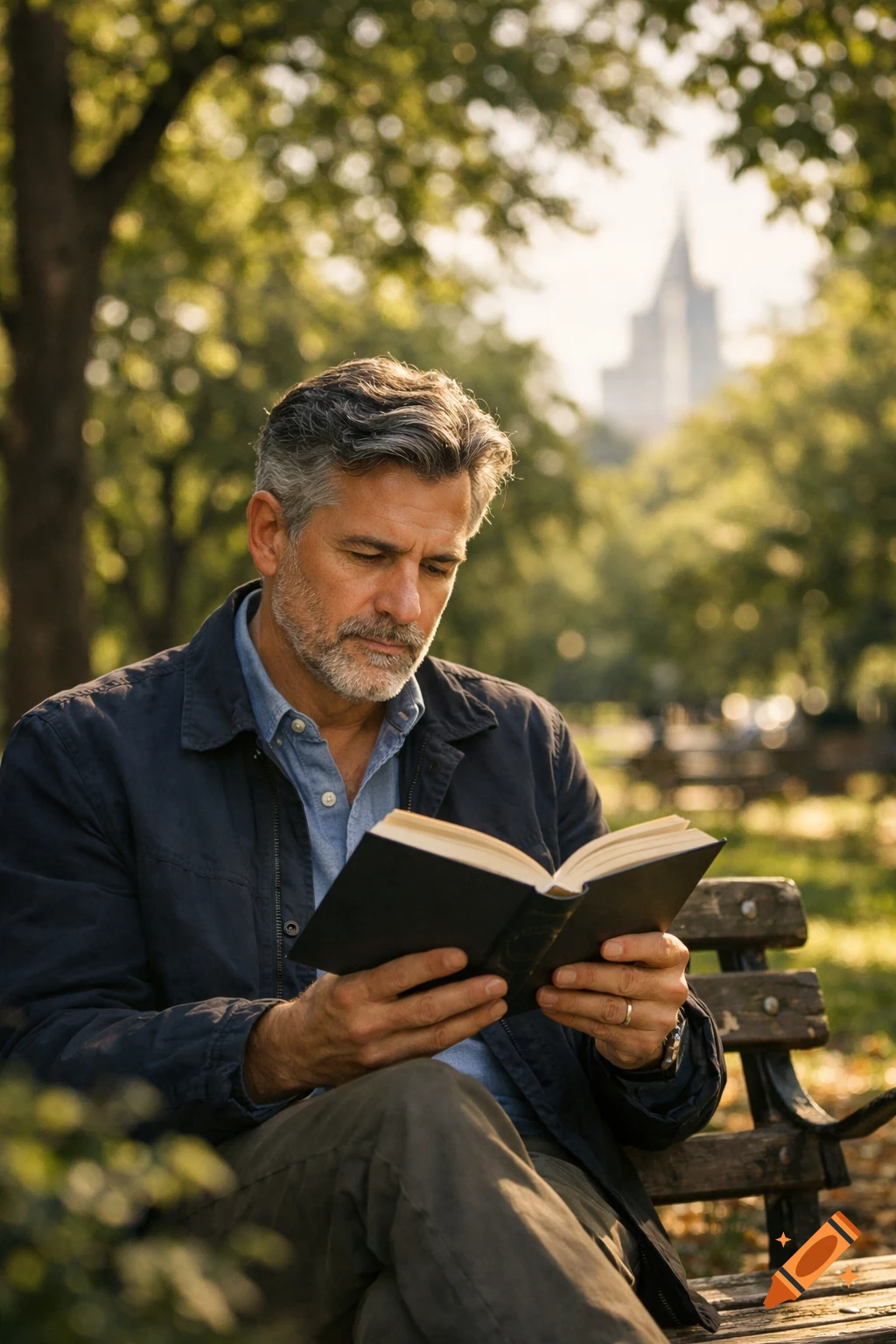 A middle-aged man with gray hair and beard reading a book while sitting on a park bench on a sunny day.