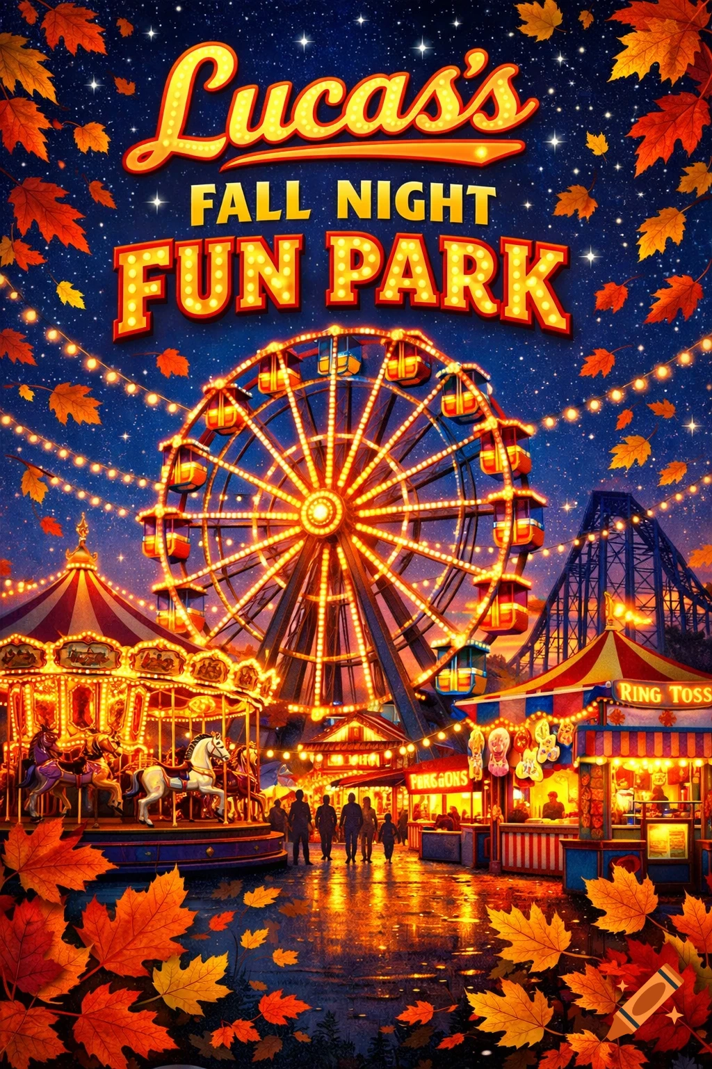 Vibrant movie poster of Lucas's Fall Night Fun Park, featuring a lit-up Ferris wheel, carousel, and colorful autumn leaves under a starry sky.