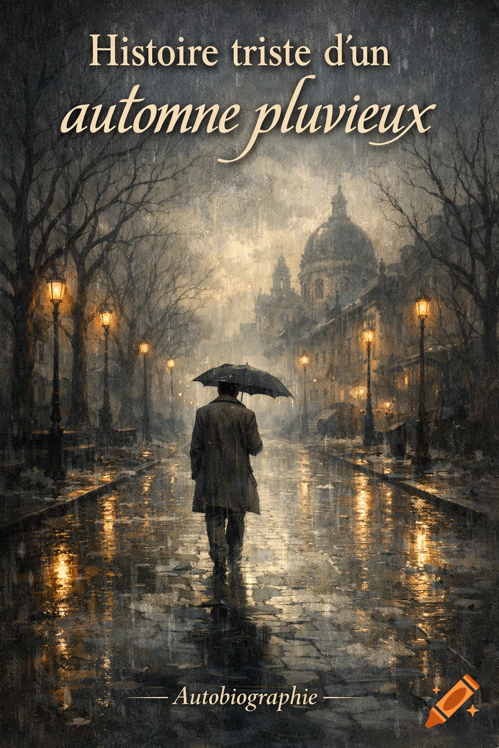 Painting of a man with an umbrella walking on a rainy city street, with glowing streetlights and a domed building. Text: 'Histoire triste d'un automne pluvieux'.