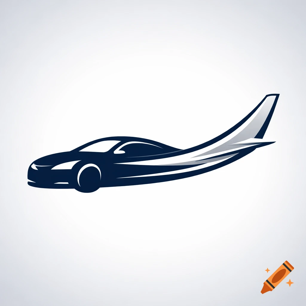 A stylized logo features a dark blue car merging into a sleek, silver airplane wing and tail on a light gray background.