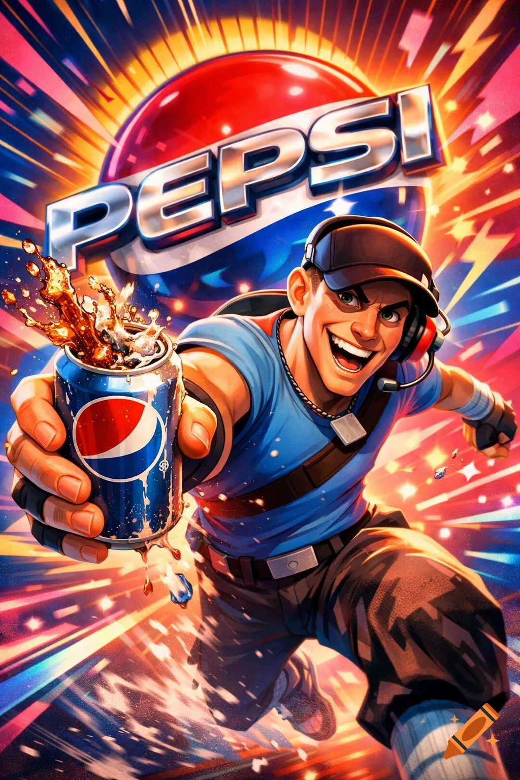 Stylized art of Team Fortress 2 Scout running and holding a splashing Pepsi can, smiling against a vibrant background with a large Pepsi logo.