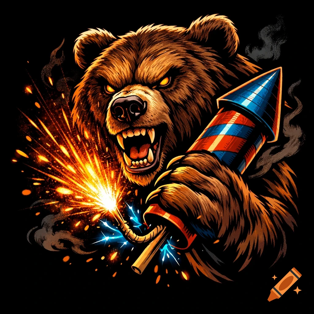 Stylized illustration of an aggressive brown bear with glowing eyes, holding a sparking firework rocket.