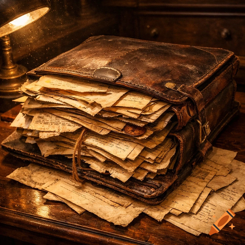A close-up of an old, worn leather folder overflowing with many handwritten, aged papers under the warm glow of a desk lamp.