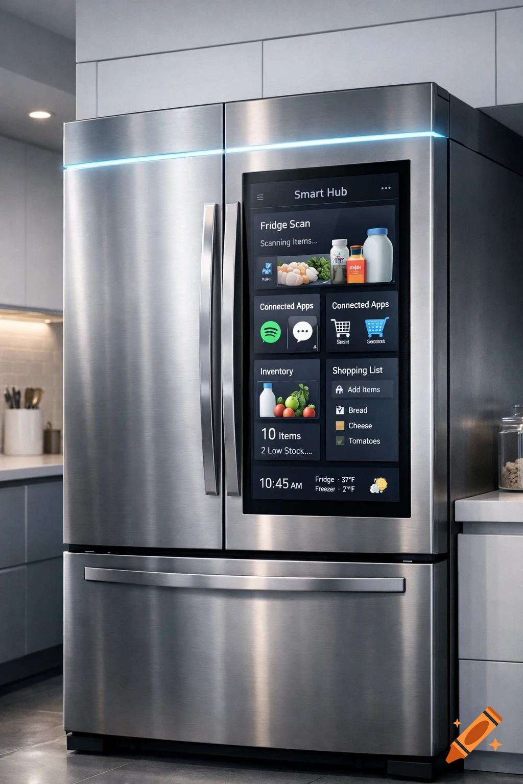 Computerised Fridge A photorealistic image of a modern stainless steel smart refrigerator ...