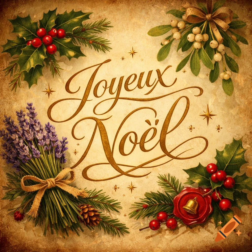 Vintage style Christmas card featuring "Joyeux Noël" in gold script, surrounded by holly, mistletoe, lavender, and pine.