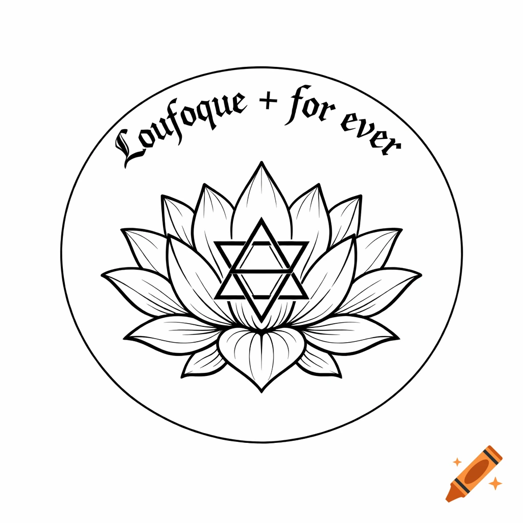 Black outline drawing of a lotus flower with intertwined triangles, encircled by the text 'Loufoque + for ever'.
