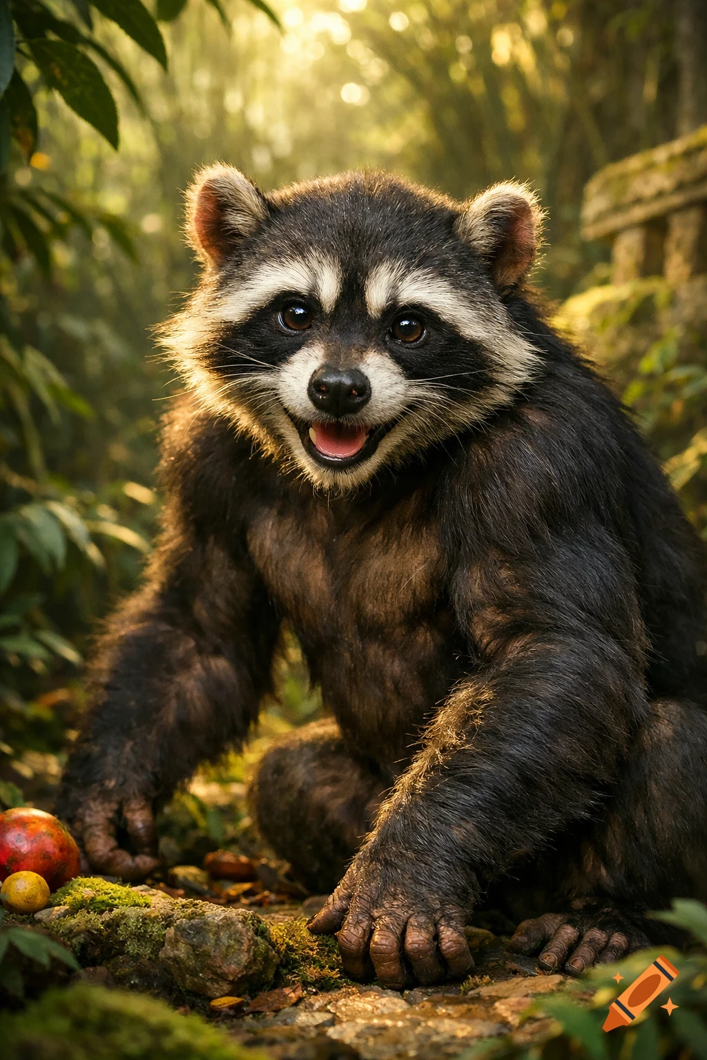 A furry, muscular raccoon-chimpanzee hybrid with a wide smile sits on mossy ground in a sunlit forest.