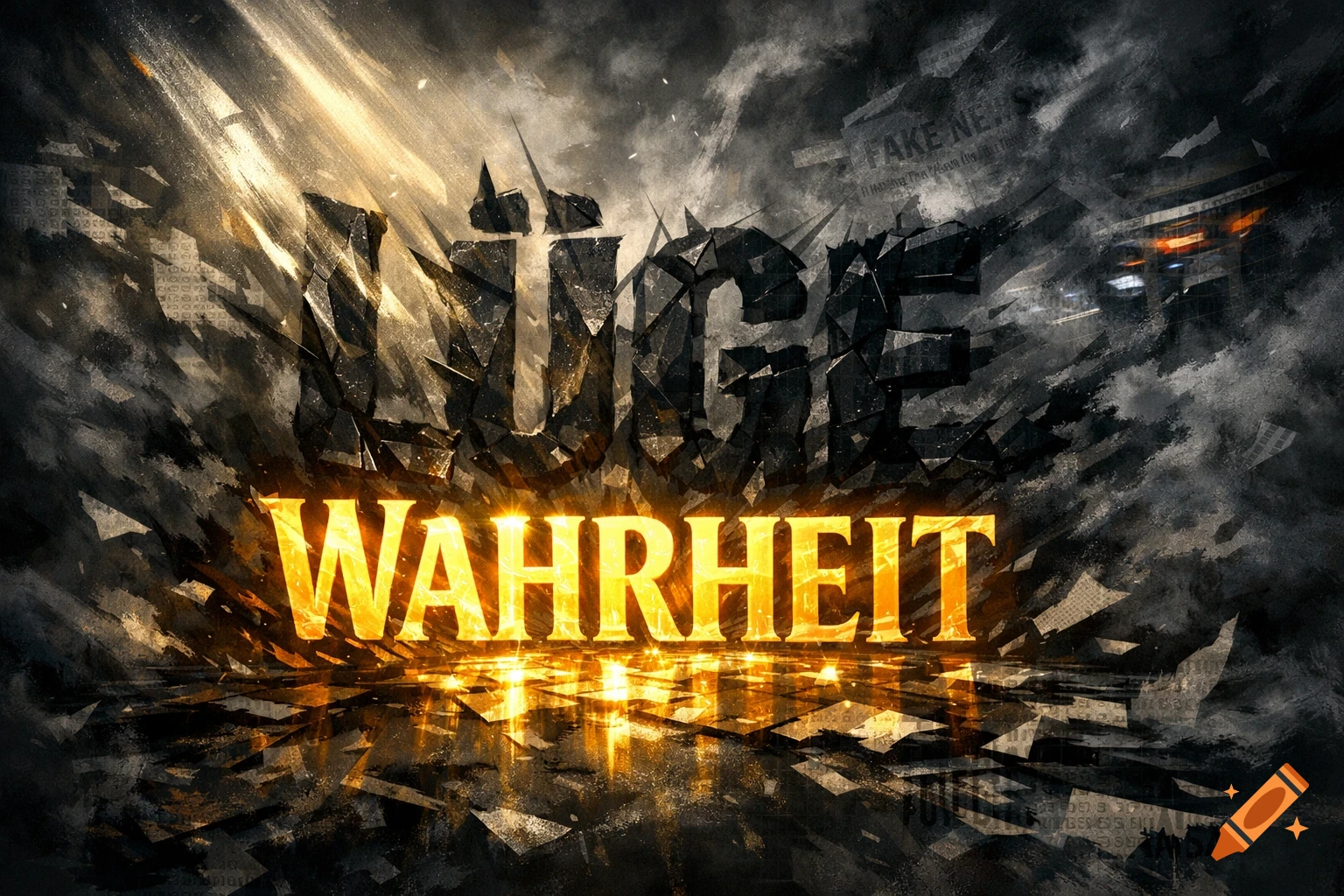 Dramatic dark image with shattered rock-like text "LÜGE" above glowing golden text "WAHRHEIT", with smoke and light rays.