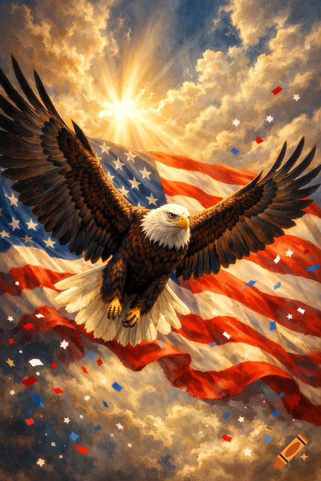 A majestic bald eagle soars with outstretched wings against a vibrant, waving American flag, set against a golden sunburst sky with clouds and falling confetti.