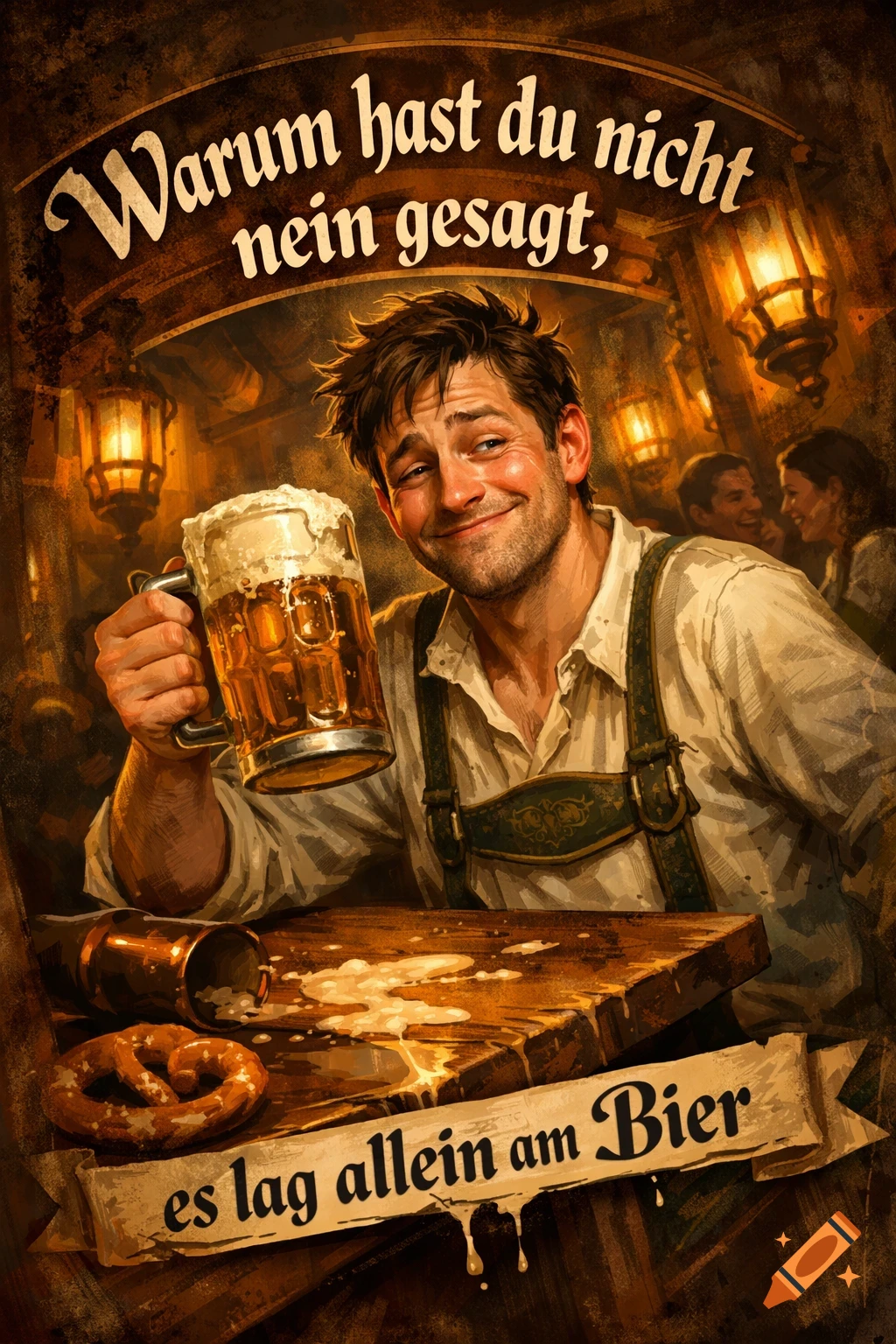 Illustration of a smiling man in traditional German attire holding a beer mug in a lively tavern setting. German text is visible.