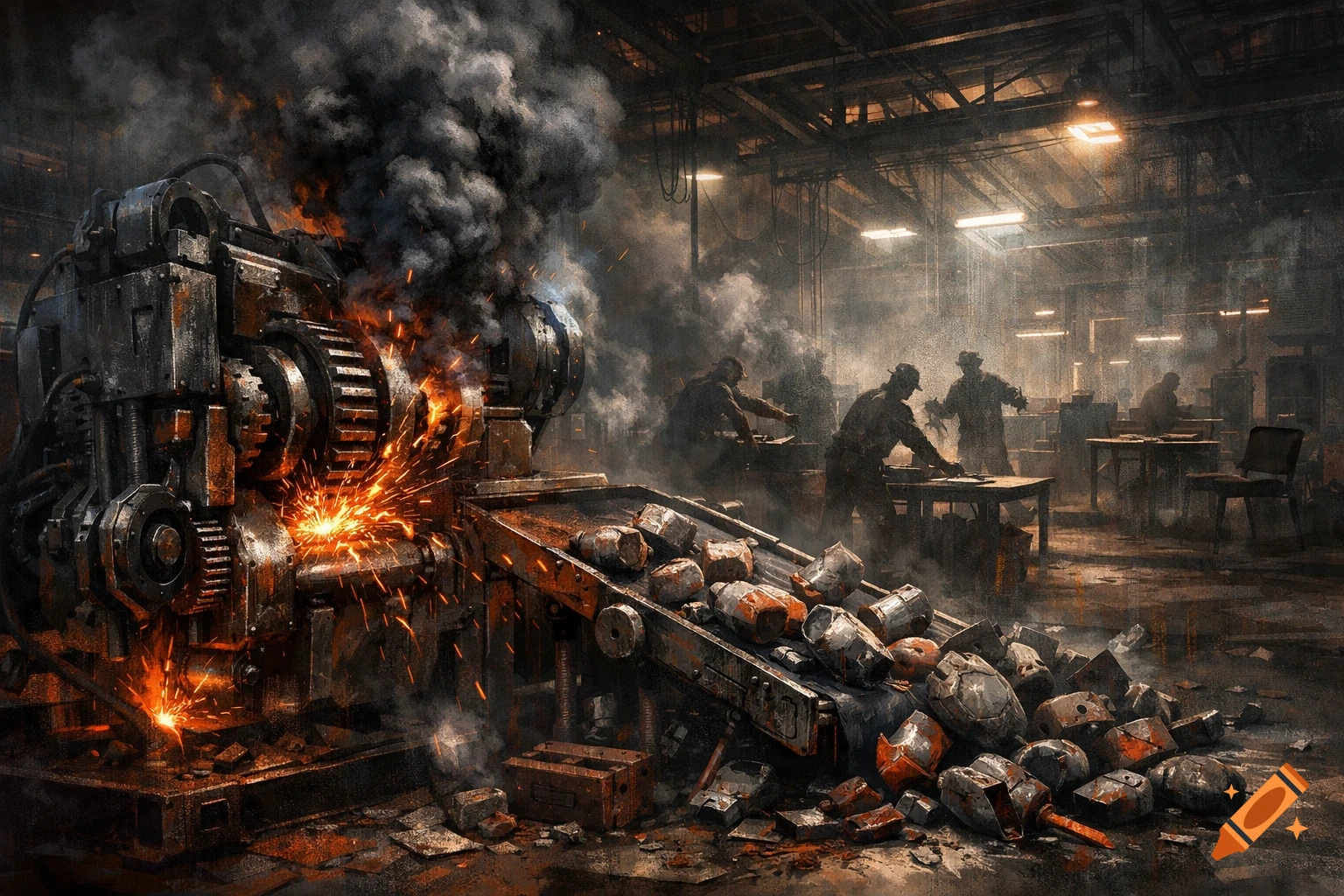 Gritty art depicts a dark industrial factory with workers, large machinery sparking, and smoke filling the air.