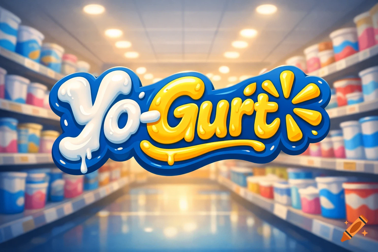 A bright, cartoonish 'Yo-Gurt' logo floats in a blurred supermarket aisle filled with colorful yogurt containers.