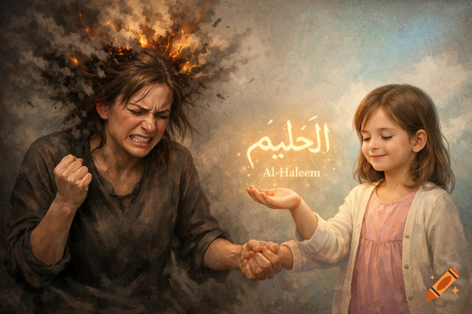 A distressed woman with an exploding head holds hands with a calm young girl. Arabic text "Al-Haleem" glows above the girl's outstretched palm in an illustration.
