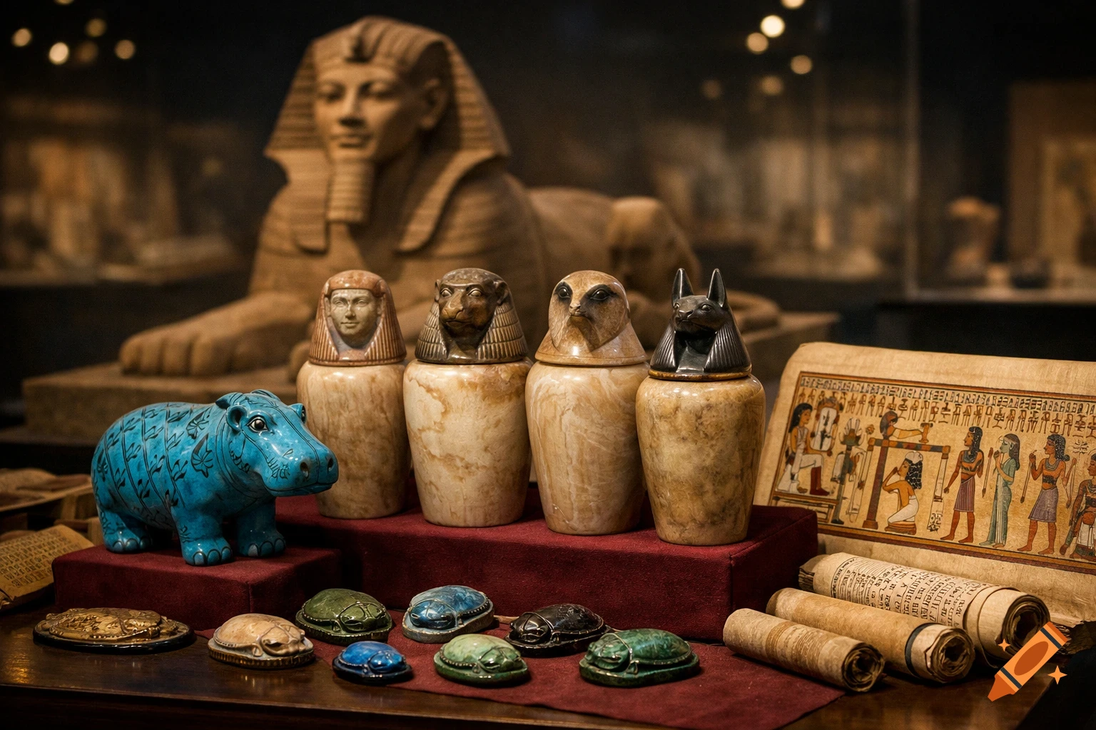 An ancient Egyptian museum display featuring canopic jars, a blue hippopotamus statue, scarab amulets, and papyrus scrolls, with a blurred sphinx in the background.