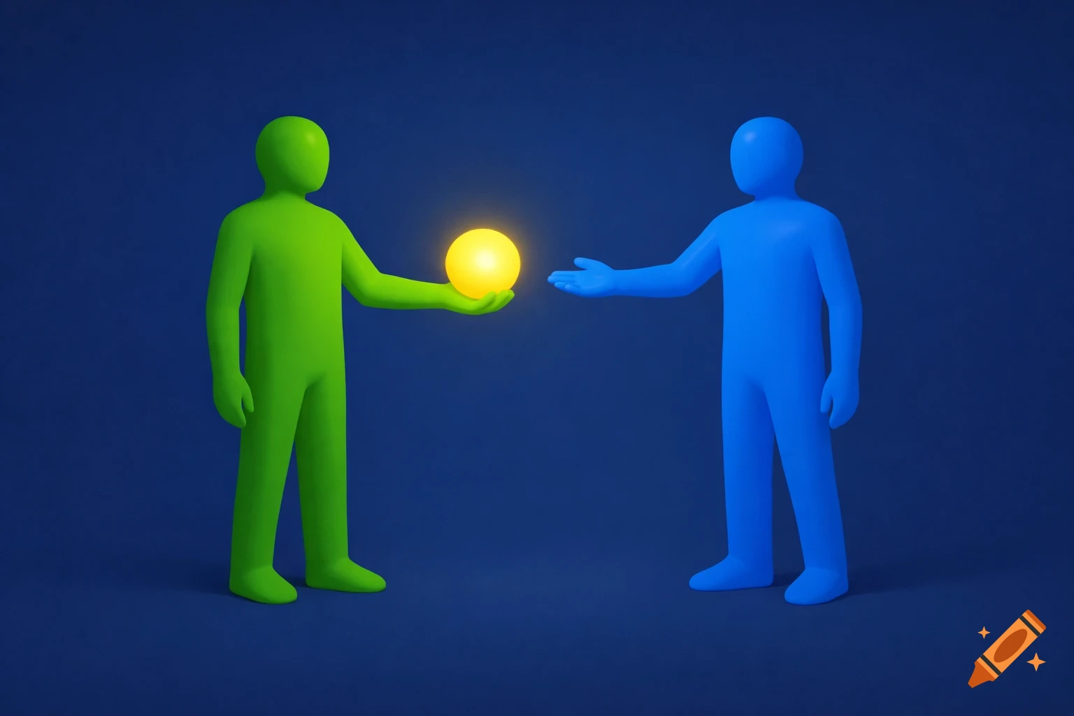 A green 3D stylized figure holding a glowing yellow orb towards a blue 3D stylized figure on a dark blue background.