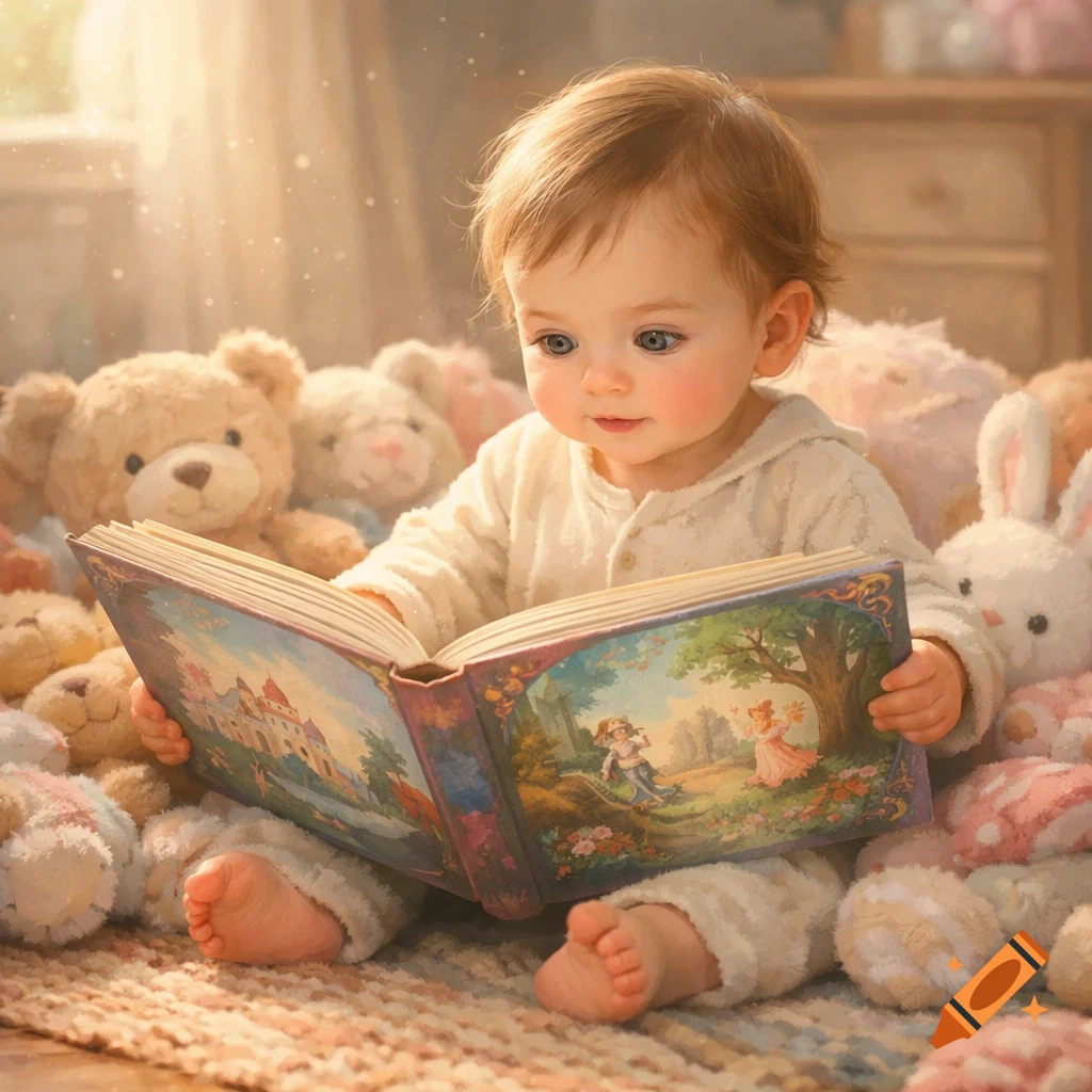 A baby in a white outfit sits on a rug, surrounded by stuffed animals, looking intently at an open storybook with colorful illustrations.