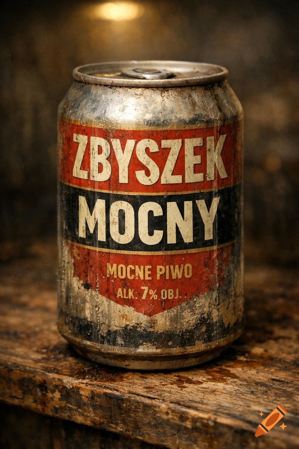 A weathered, rusty beer can labeled "ZBYSZEK MOCNY" sits on a distressed wooden surface with a soft, warm light overhead, photorealistic.