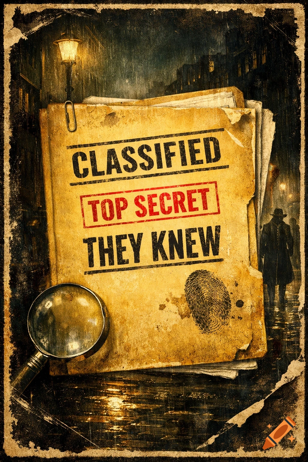 Vintage poster of classified documents with a magnifying glass and fingerprint, a figure walks a rainy street.