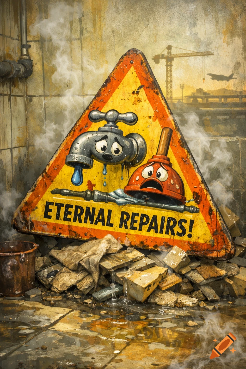 A distressed yellow triangular warning sign on rubble, featuring a sad, dripping faucet and a sad plunger, with the text "ETERNAL REPAIRS!". Steam rises from a wet, grimy floor in a gritty, industrial setting with a distant crane.
