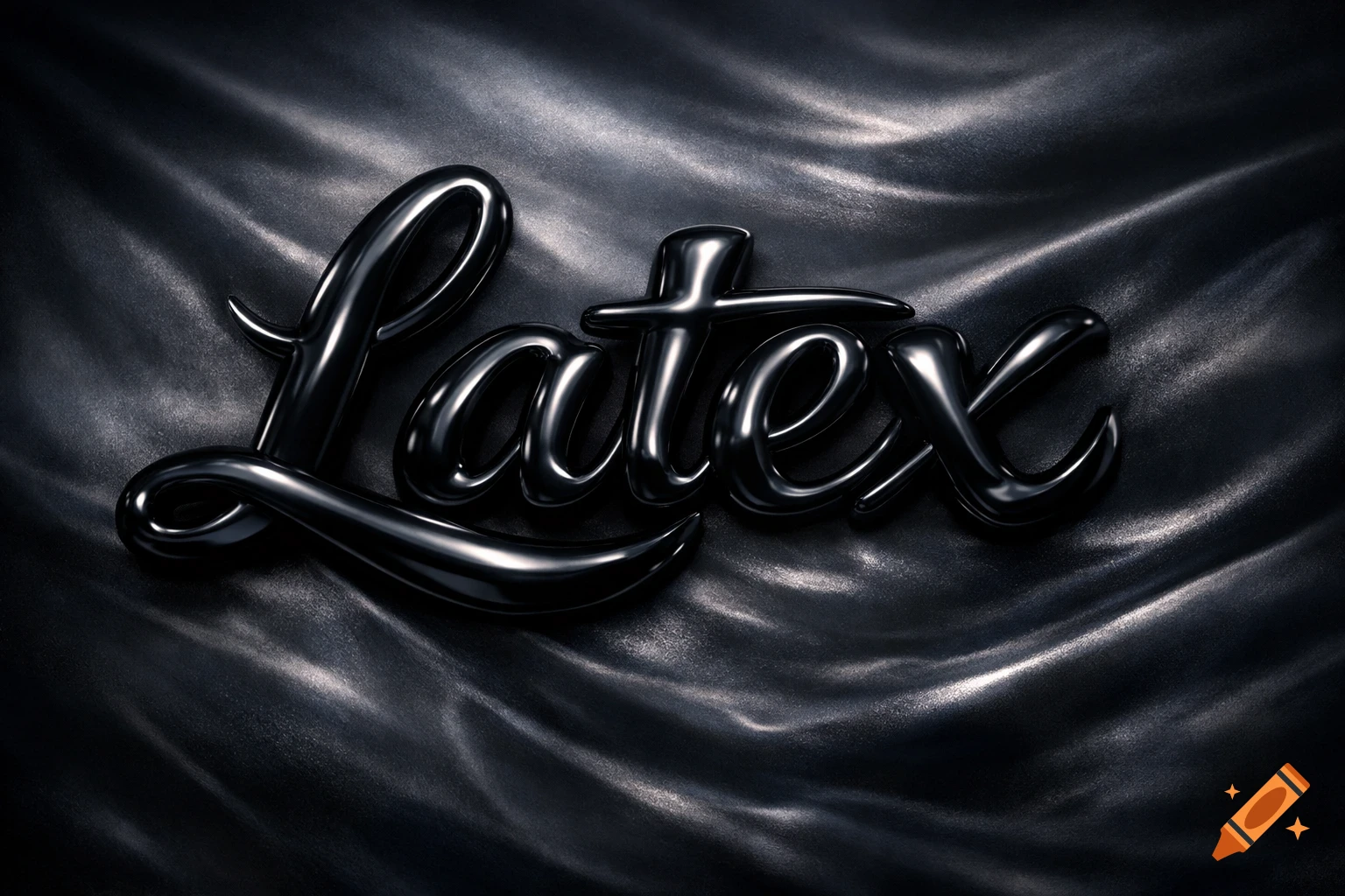 3D rendered word "Latex" in shiny black, fluid typography against a dark, rippled, fabric-like background.