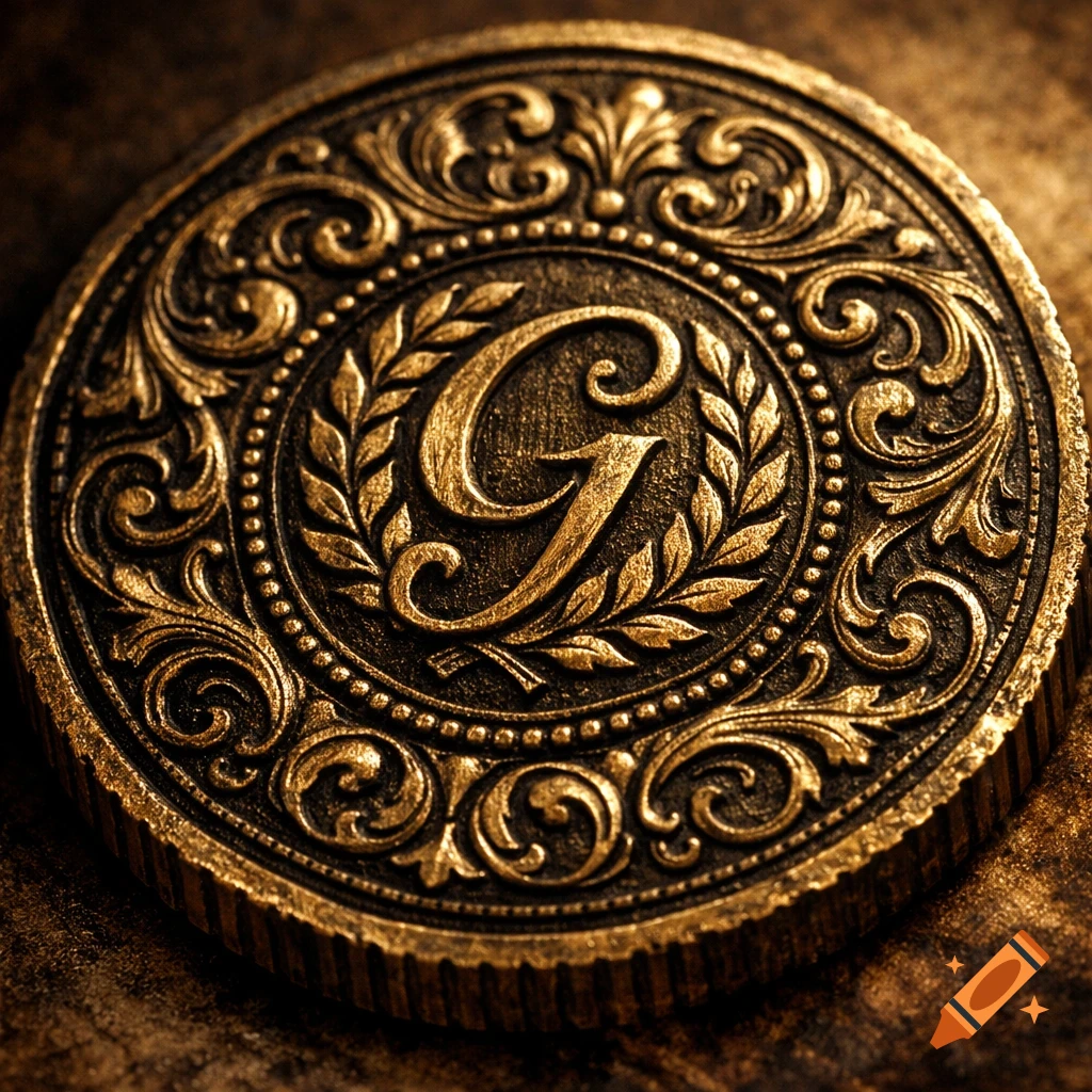 Ornate antique gold-bronze coin or medallion with a prominent 'G' surrounded by laurel wreaths and baroque scrollwork.