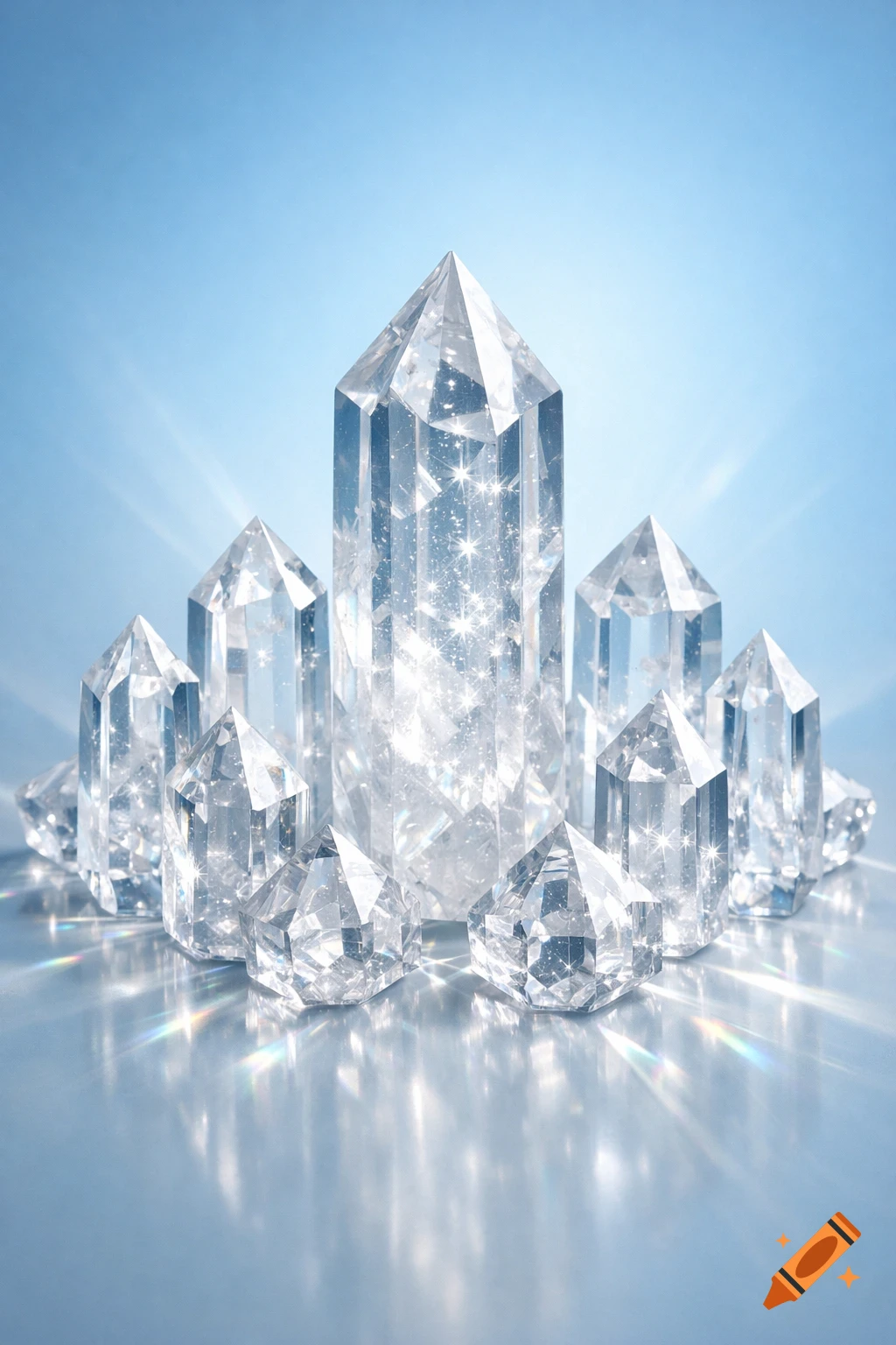 A cluster of clear, sparkling quartz crystals in various sizes, reflecting light against a light blue background with glowing rays.