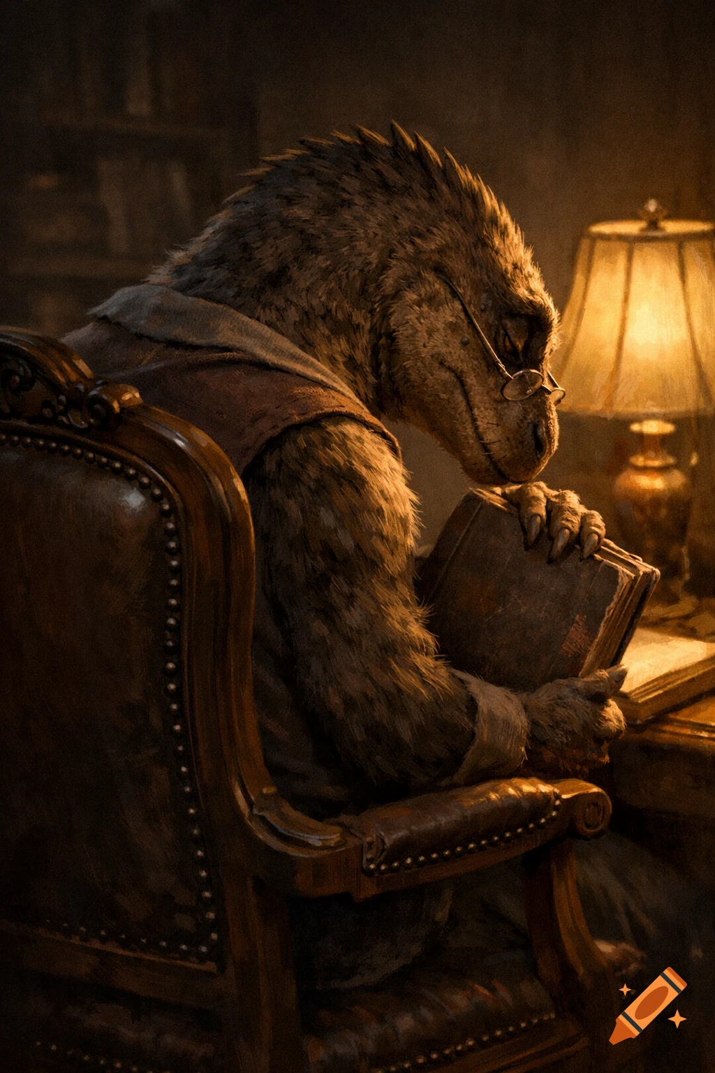 A photorealistic anthropomorphic dinosaur with glasses sits in a leather chair, contemplatively holding an old book in a dimly lit room with a lamp.