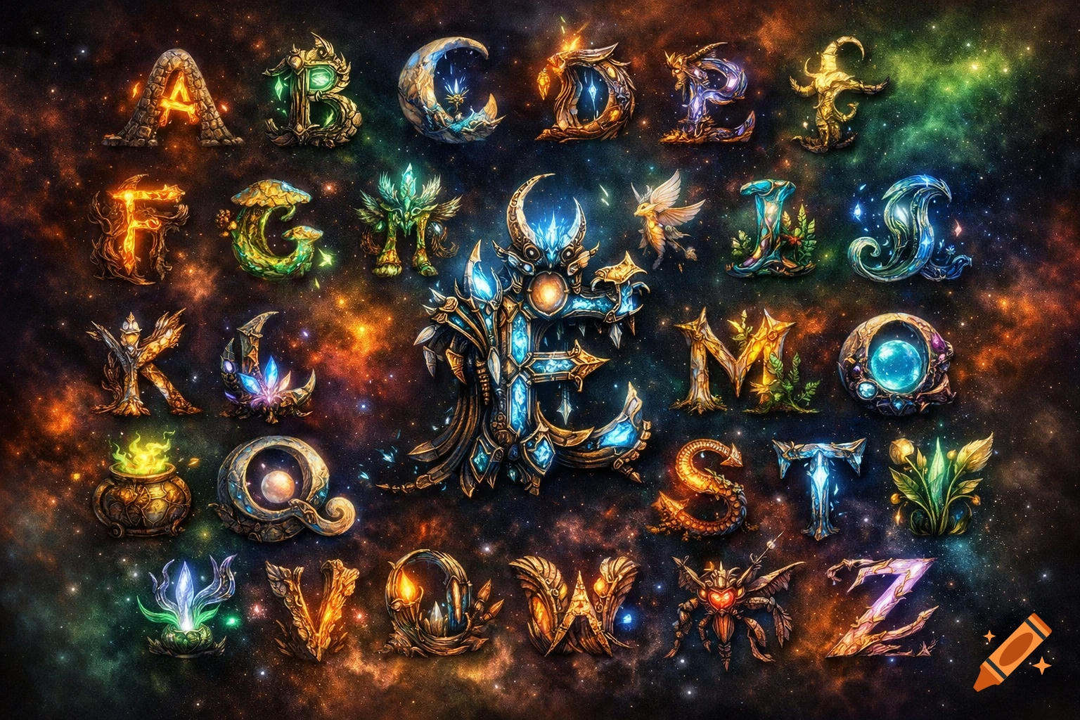 An intricately designed fantasy alphabet with glowing, crystalline letters against a vibrant cosmic background.
