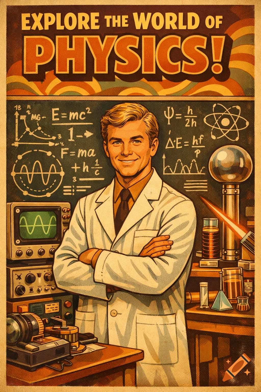 A retro 1970s style educational poster shows a smiling blonde male physicist in a lab coat, standing in a science lab with equations on a chalkboard and scientific equipment.