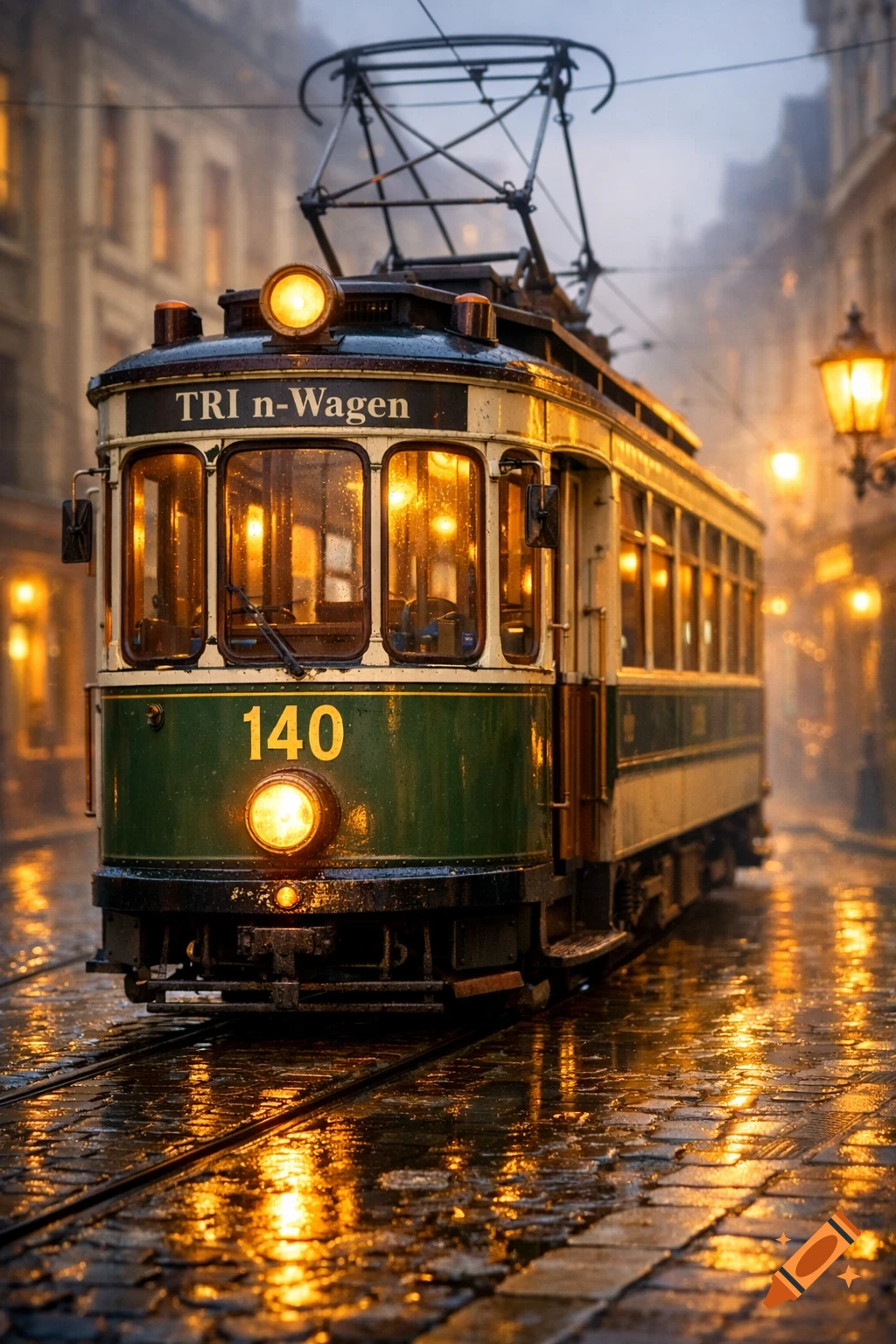 A vintage green and cream tram with illuminated windows on a wet, reflective cobblestone street at night.