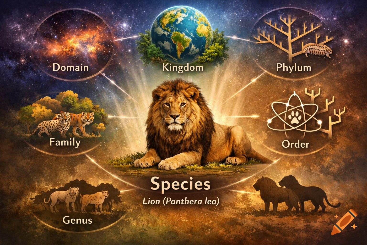 Scientific classification diagram with a central lion, surrounded by Earth, a galaxy, and other animal illustrations representing taxonomic ranks like Domain, Kingdom, Phylum, Order, Family, Genus, and Species.