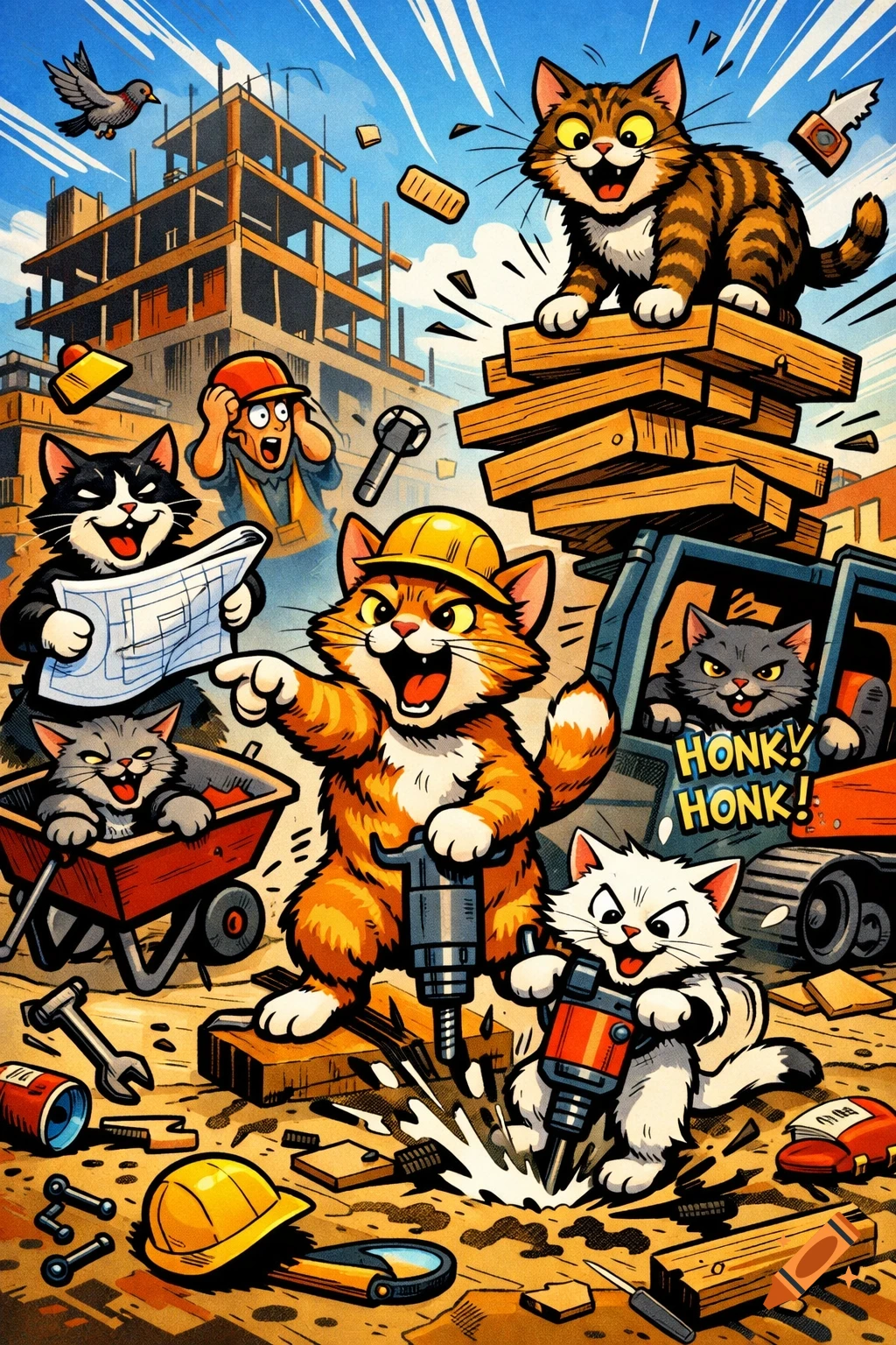 Vibrant comic art of several cartoon cats working on a construction site with tools, blueprints, and a stressed human.