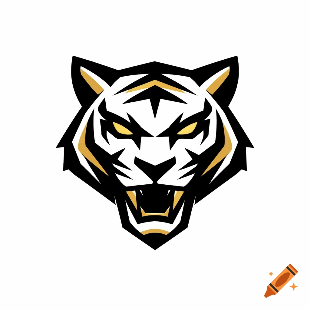 A minimalist black and gold geometric tiger head logo with glowing yellow eyes, on a white background.