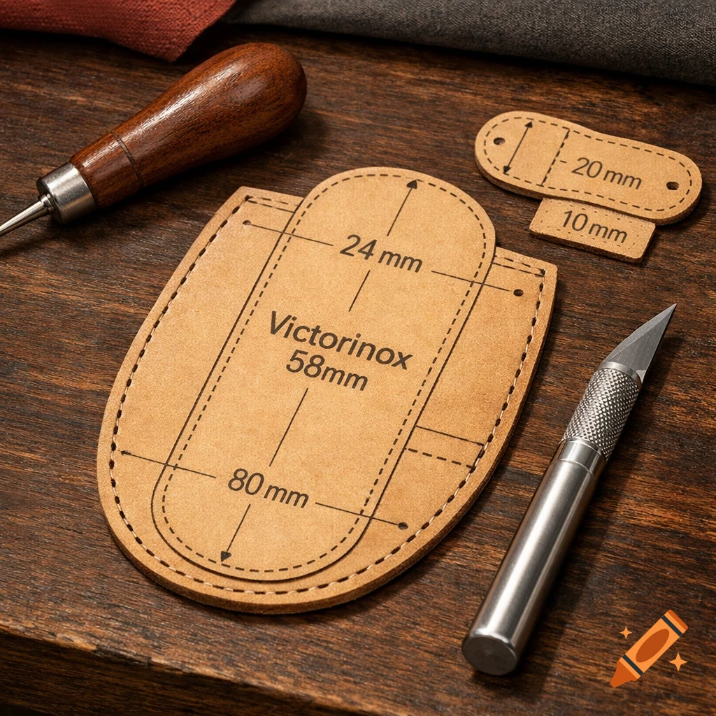 Leather pattern templates with measurements and 'Victorinox 58mm' text, an awl, and a craft knife on a wooden surface.