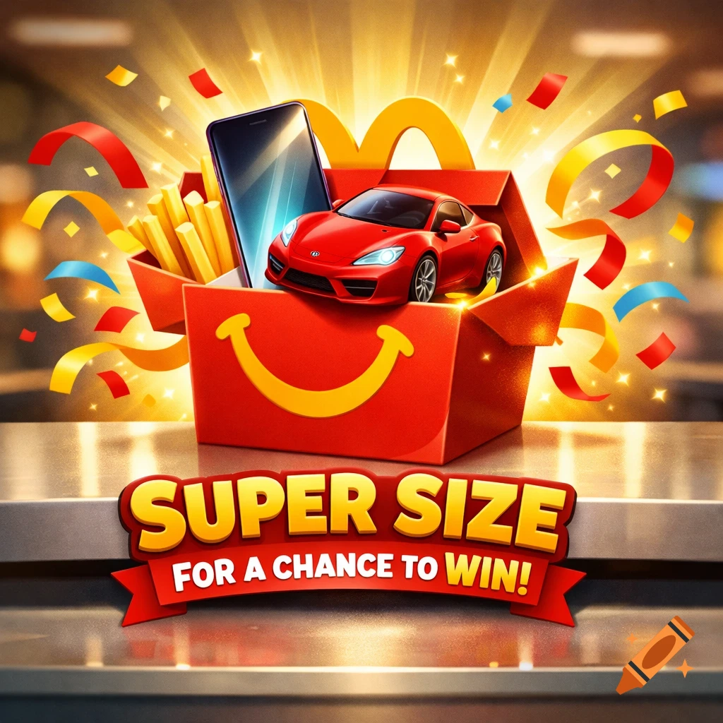 Vibrant McDonald's Happy Meal box filled with fries, smartphone, red sports car, confetti, and text: SUPER SIZE FOR A CHANCE TO WIN!