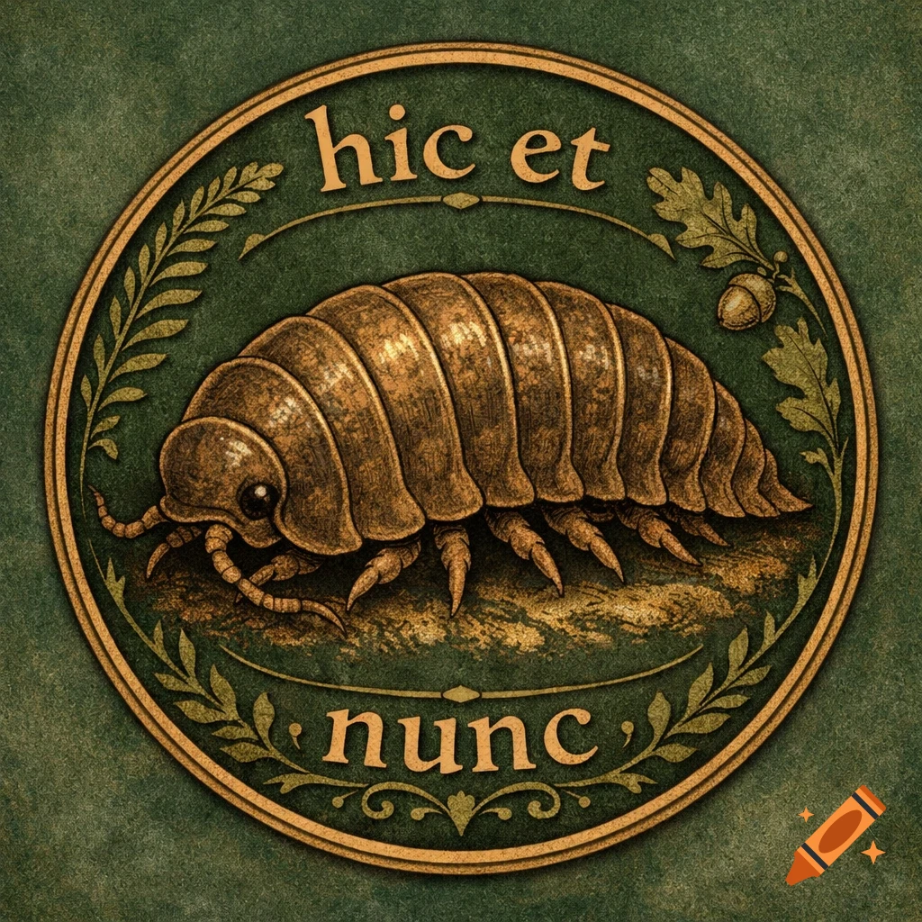 A round, vintage-style emblem featuring a woodlouse in the center, encircled by oak leaves and the Latin motto 'hic et nunc'.