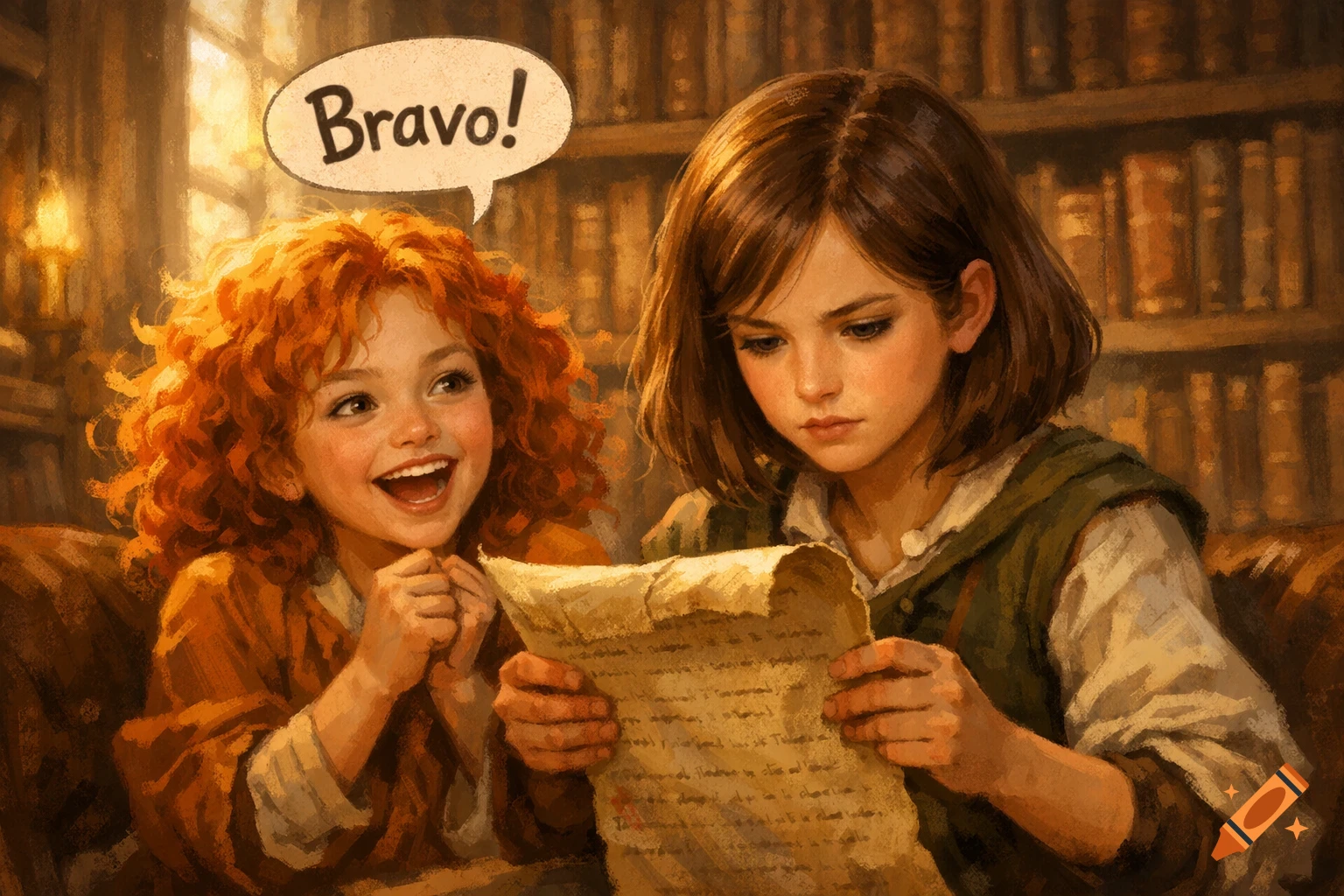 A happy red-headed girl with curly hair says 'Bravo!' while looking at a solemn brown-haired girl who is reading an ancient scroll in a library.