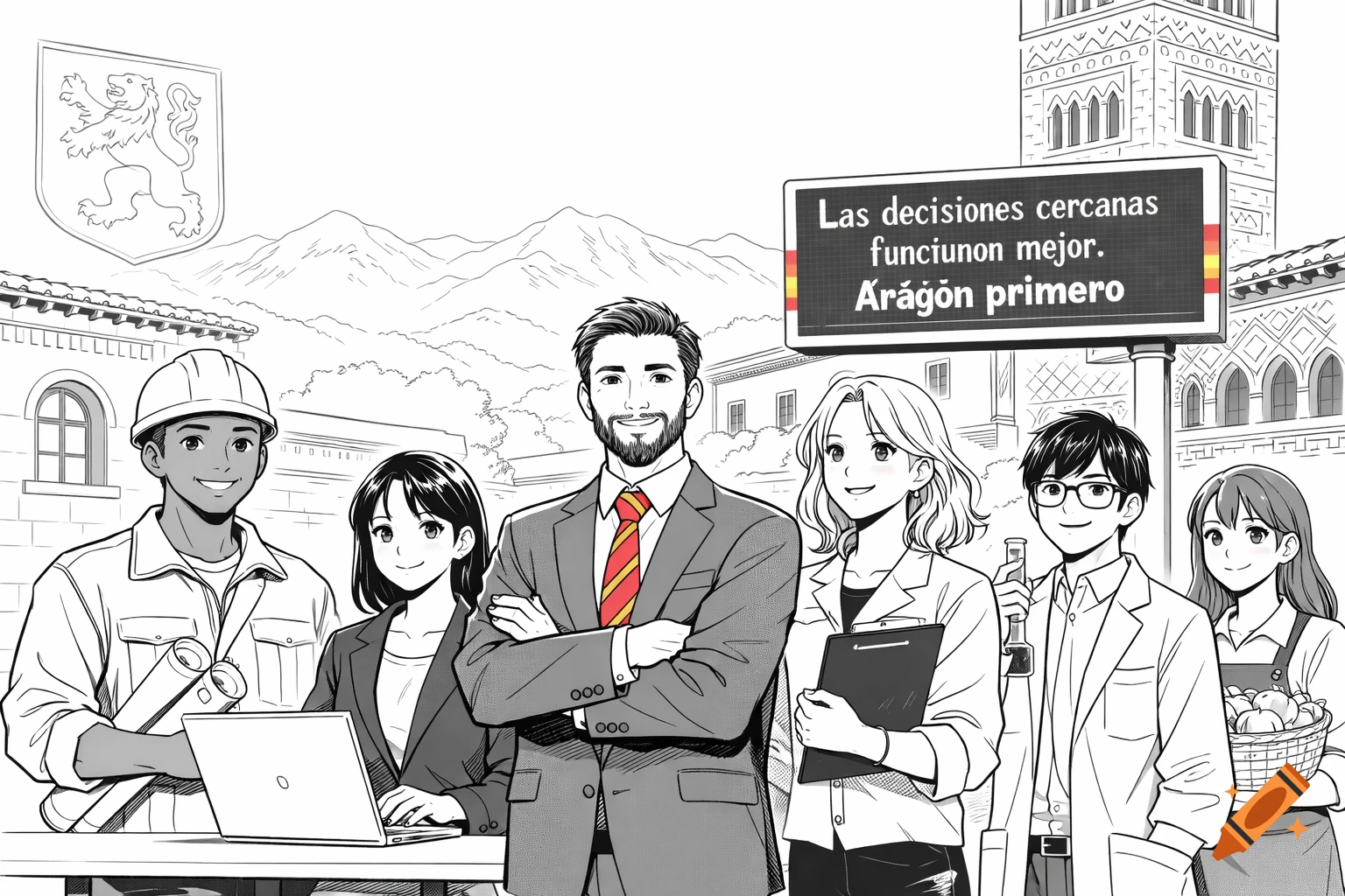 Manga illustration of diverse professionals standing in a city with a sign featuring Spanish text and Aragonese symbols.