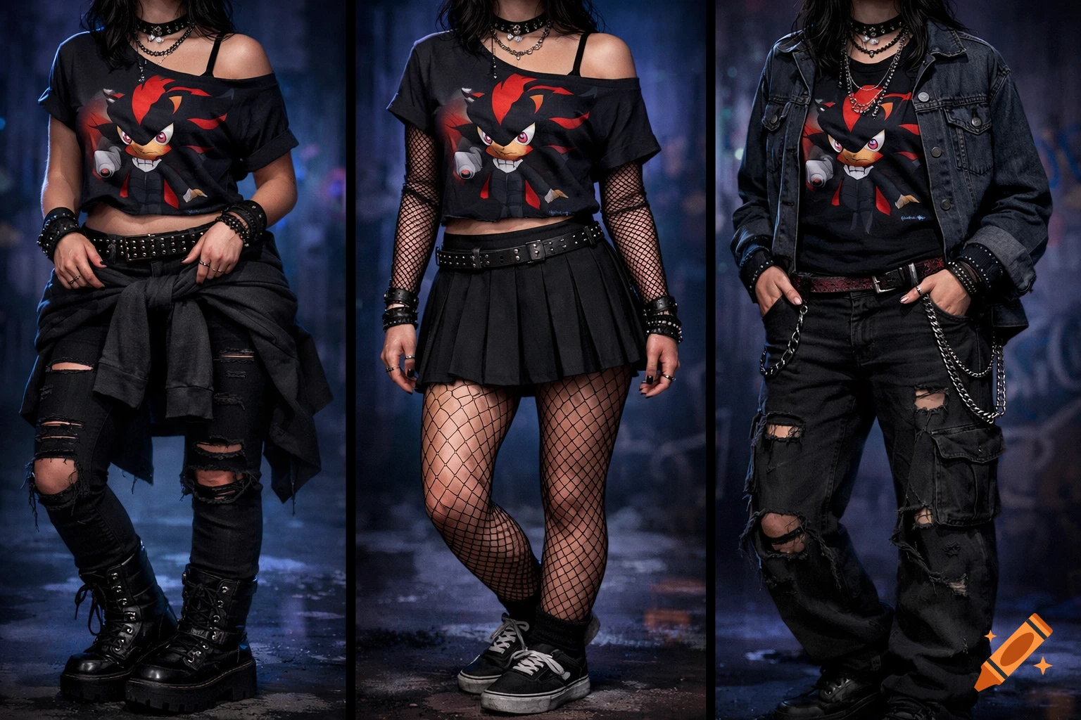Three different emo-gothic outfits featuring a cropped off-the-shoulder Shadow the Hedgehog shirt, shown on three distinct figures.