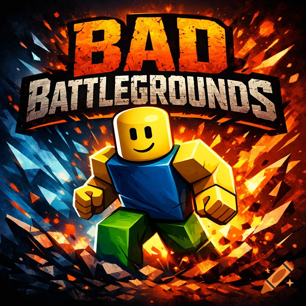 A stylized Roblox noob character with a blue torso and green legs, against an explosive background of red and blue energy, with 'BAD BATTLEGROUNDS' text above.