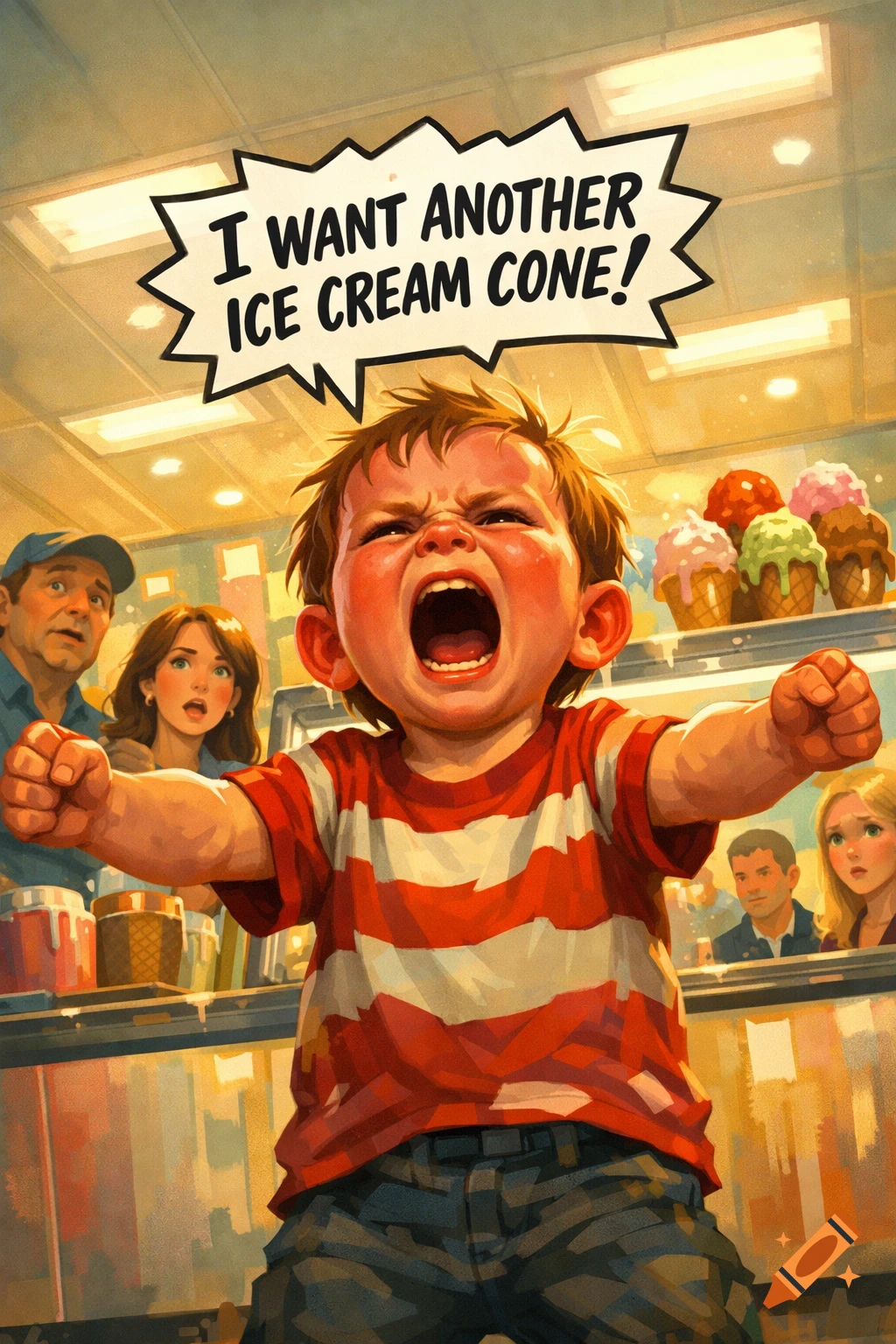 Illustration of a screaming child in an ice cream shop with parents, demanding 'I WANT ANOTHER ICE CREAM CONE!' in a speech bubble.