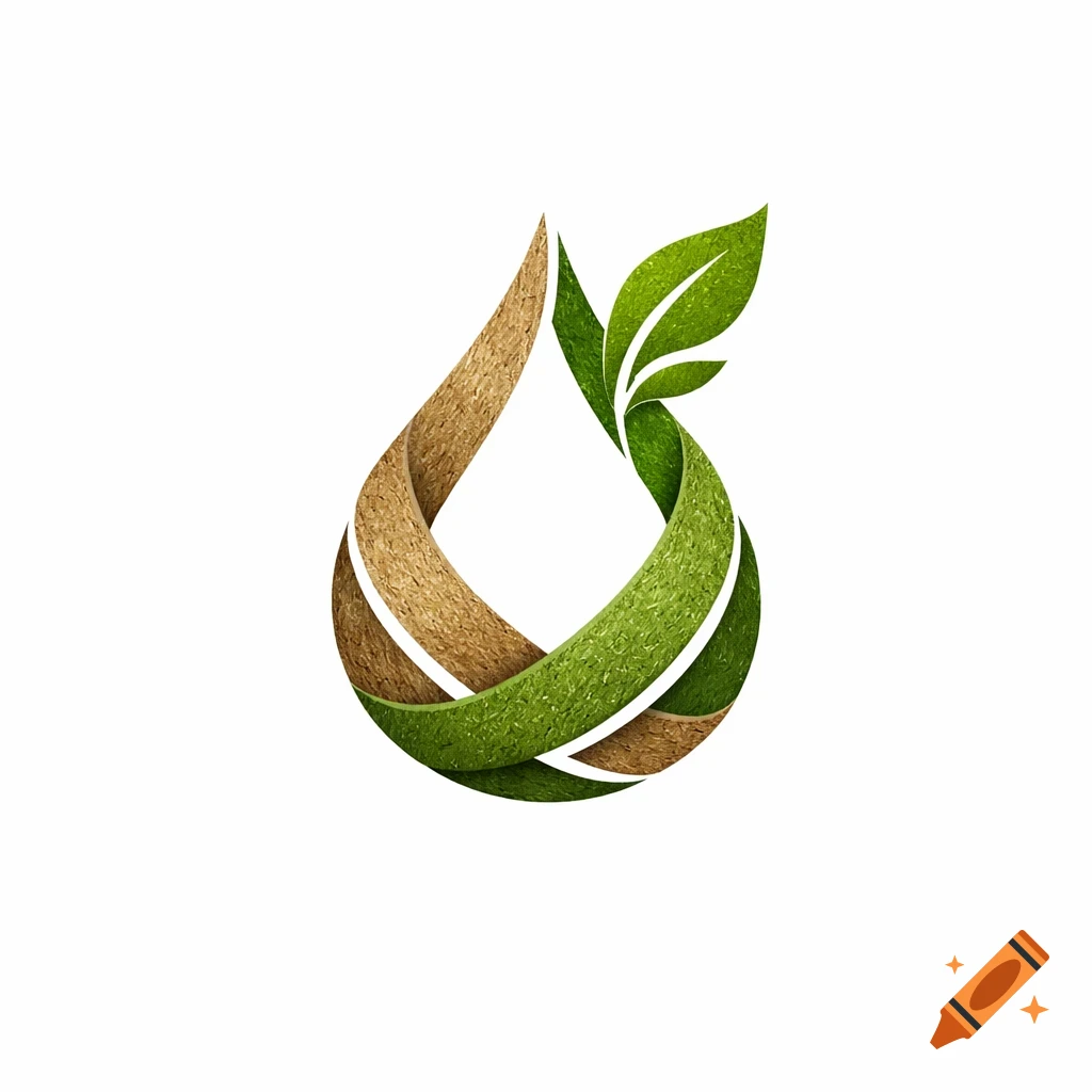 A stylized logo featuring intertwined brown wood-texture and green grass-texture ribbons forming a teardrop with green leaves.