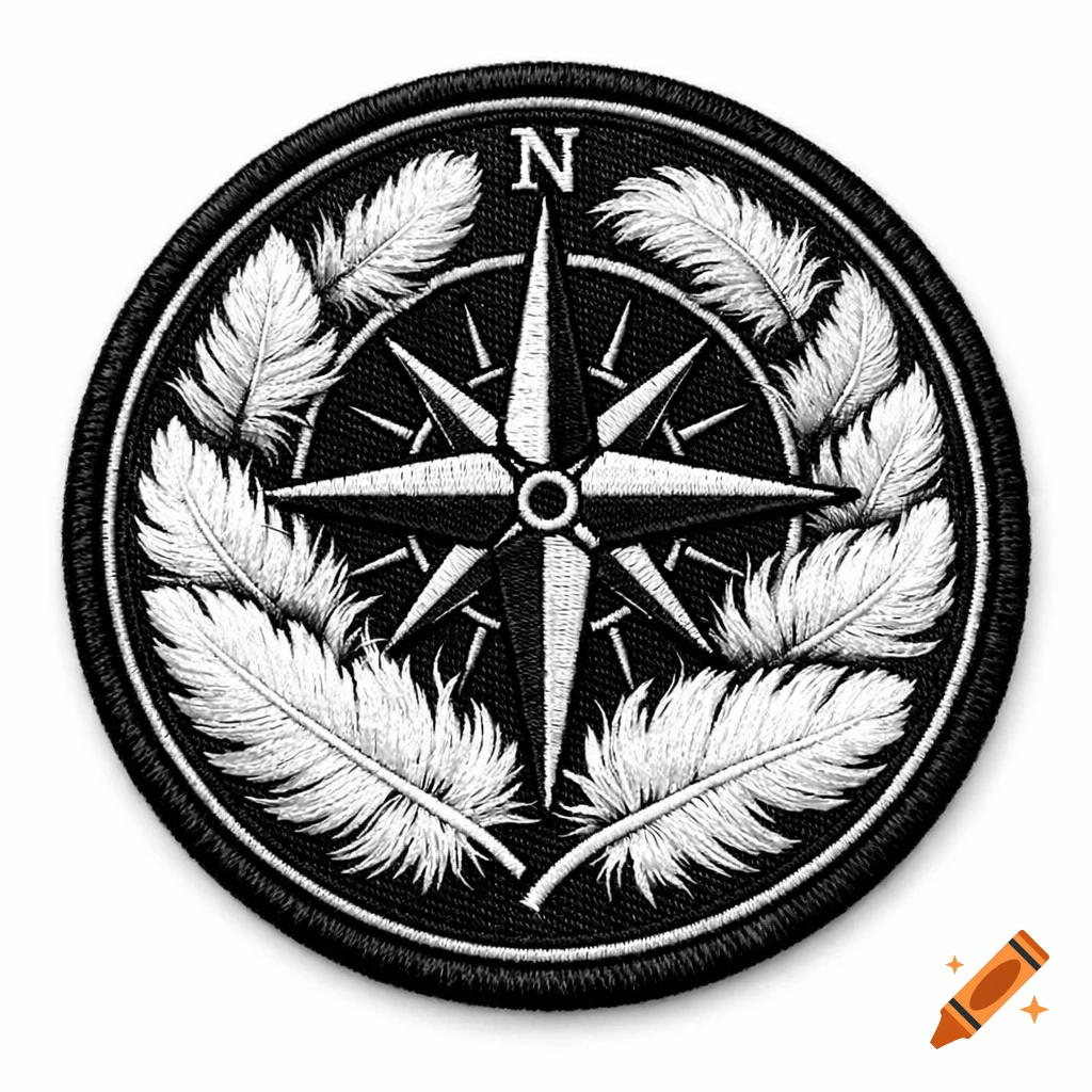 A round black and white embroidered patch featuring a compass rose with an 'N' for North, surrounded by white feathers.