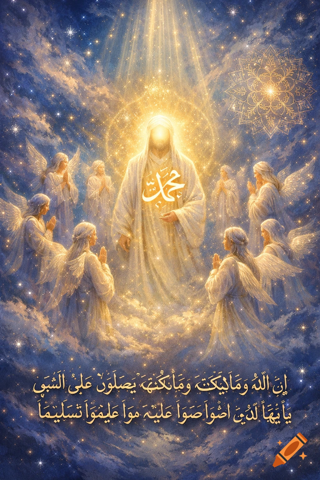 A glowing prophet with Arabic text on his chest is surrounded by angels in a starry, cloud-filled sky with golden light rays.