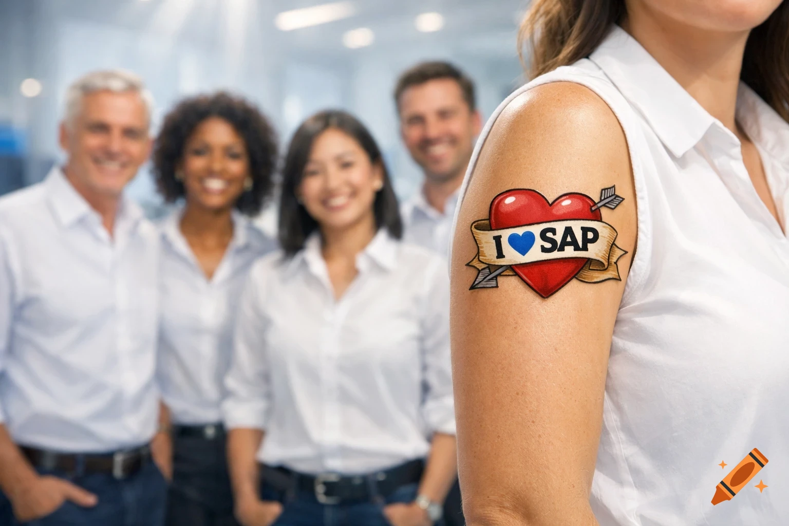 A diverse group of smiling people in white shirts, with a person in the foreground showing an 'I love SAP' heart tattoo on their arm.